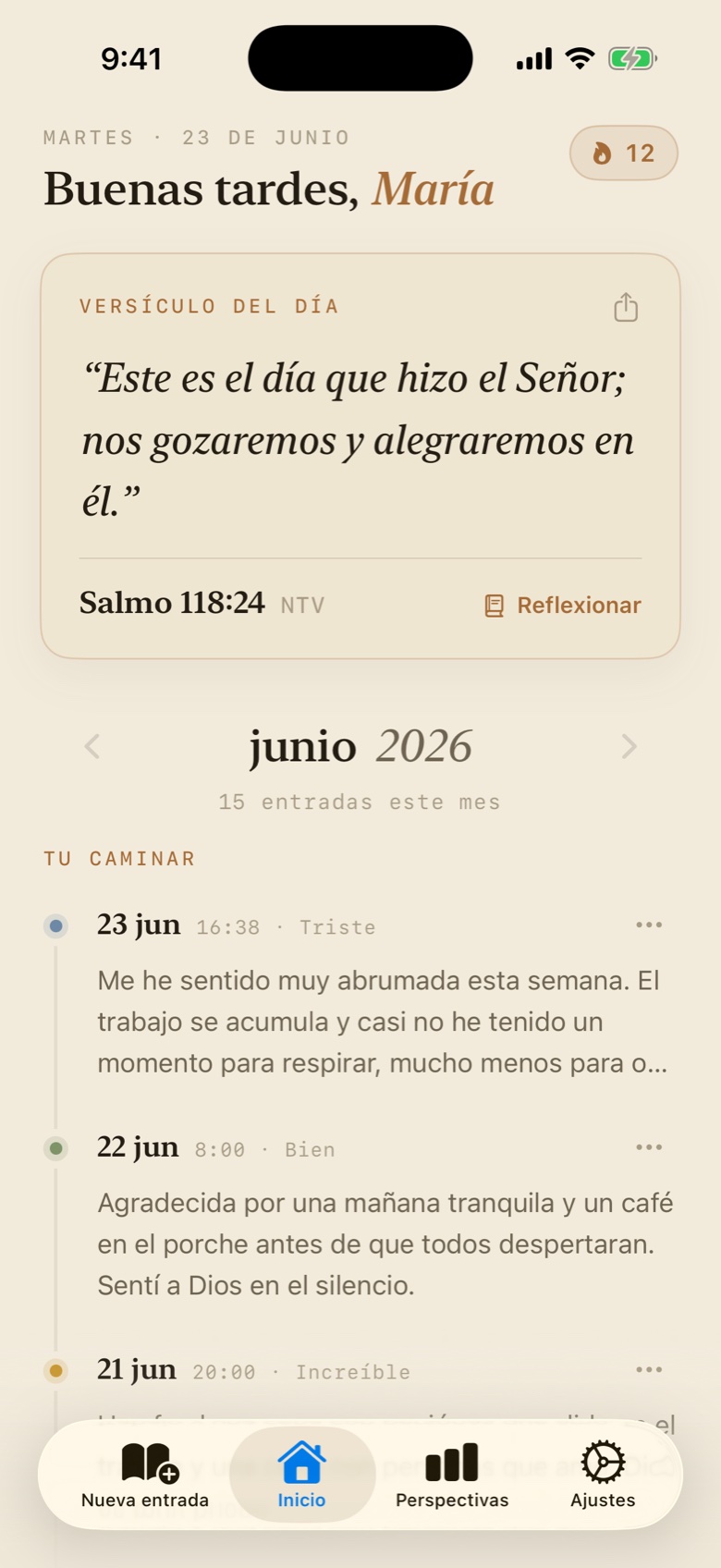 Pantalla de inicio de Walk With Jesus — el Versículo del día sobre la línea de tiempo del diario con estados de ánimo