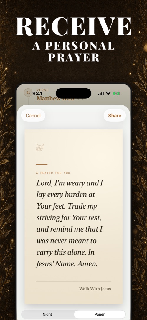 A personal prayer card in Walk With Jesus — Lord, I'm weary and I lay every burden at Your feet