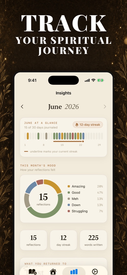 Walk With Jesus Insights — 12-day streak, month at a glance, and mood ring for June