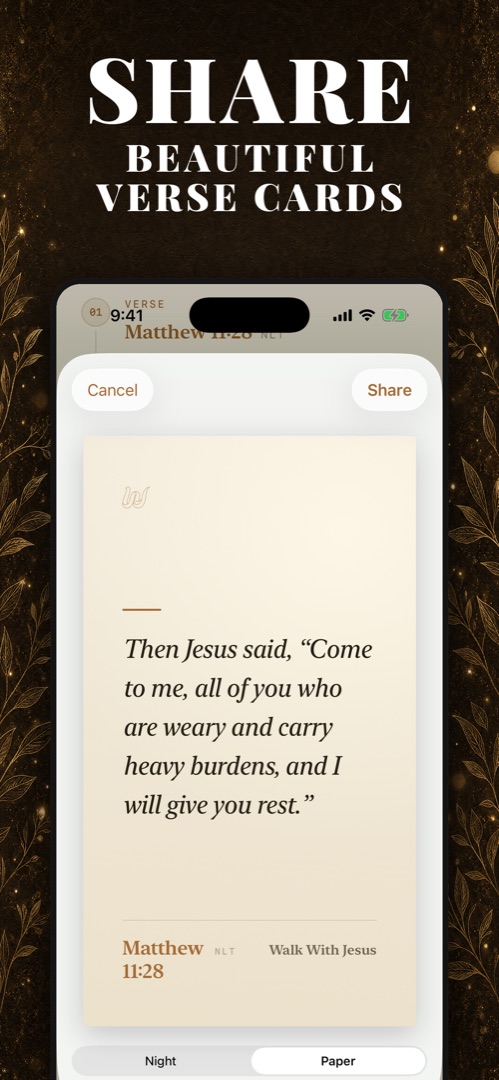 Share beautiful Bible verse cards to Instagram Stories in a light or dark theme