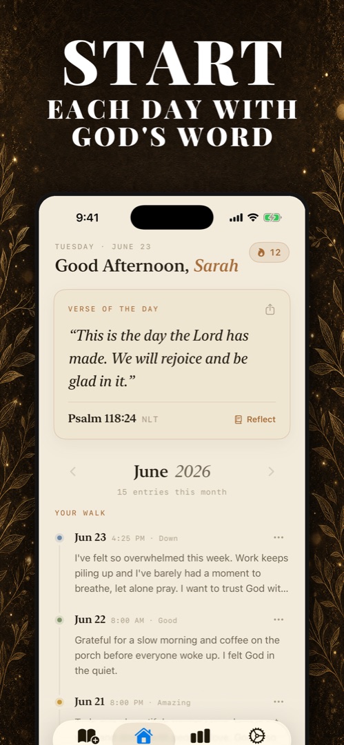 Walk With Jesus home screen with Verse of the Day — Psalm 118:24 — above the journal timeline