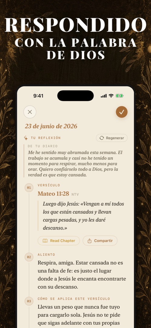 La app Walk With Jesus sugiriendo el versículo Mateo 11:28 para una entrada del diario sobre sentirse abrumado